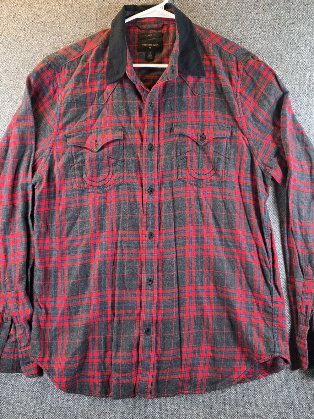 True Religion Men’s L Slim Plaid Flannel Shirt Red Gray Cotton Button Up